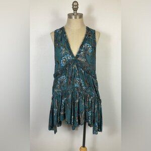 FREE PEOPLE Teal Floral Print Ruffle  Blouse, size Small
